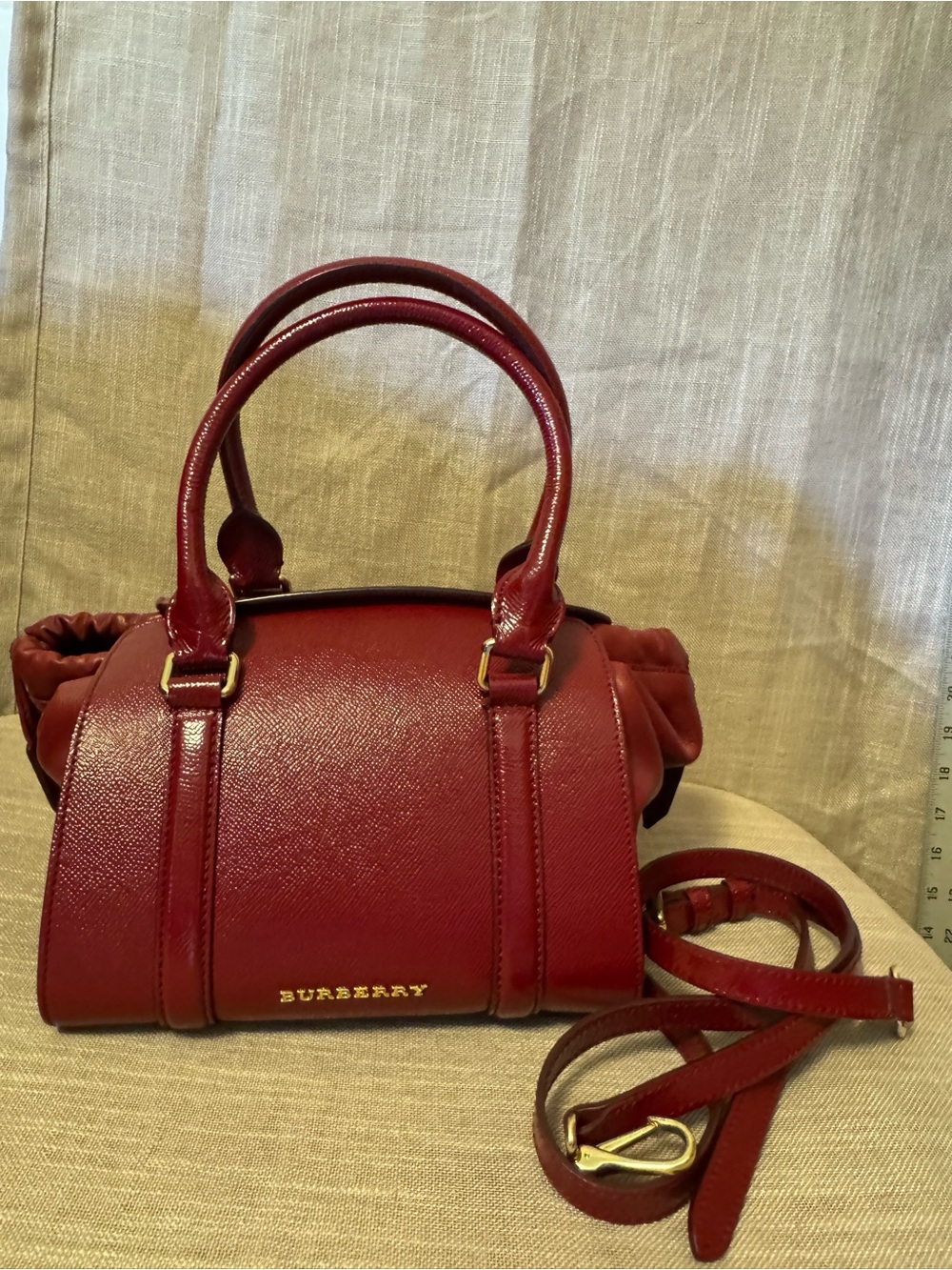 Burberry Cherry Red Leather Satchel with Detachable Strap